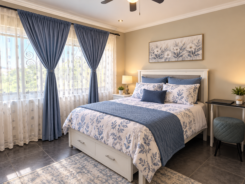 A well-maintained bedroom featuring tiled flooring, crown molding, recessed lighting, and a ceiling fan, offering a clean and comfortable living space.