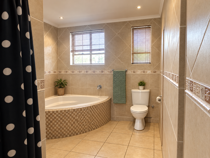 A well-maintained bathroom featuring a corner bathtub, ceramic tiling throughout, and a built-in toilet with natural light from two windows.