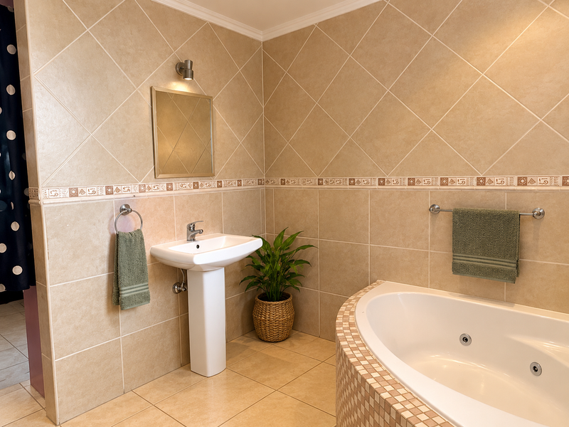 A well-maintained bathroom featuring a pedestal basin, jetted bathtub, and neutral wall tiling with decorative border accents.
