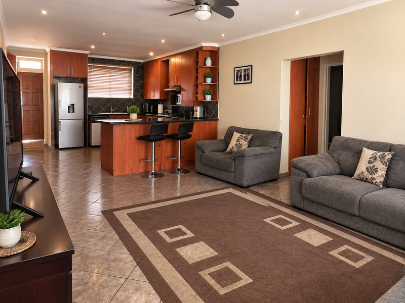 Open-plan living area featuring a kitchen with built-in cabinetry, a breakfast island, and tiled flooring, seamlessly connected to the lounge space.