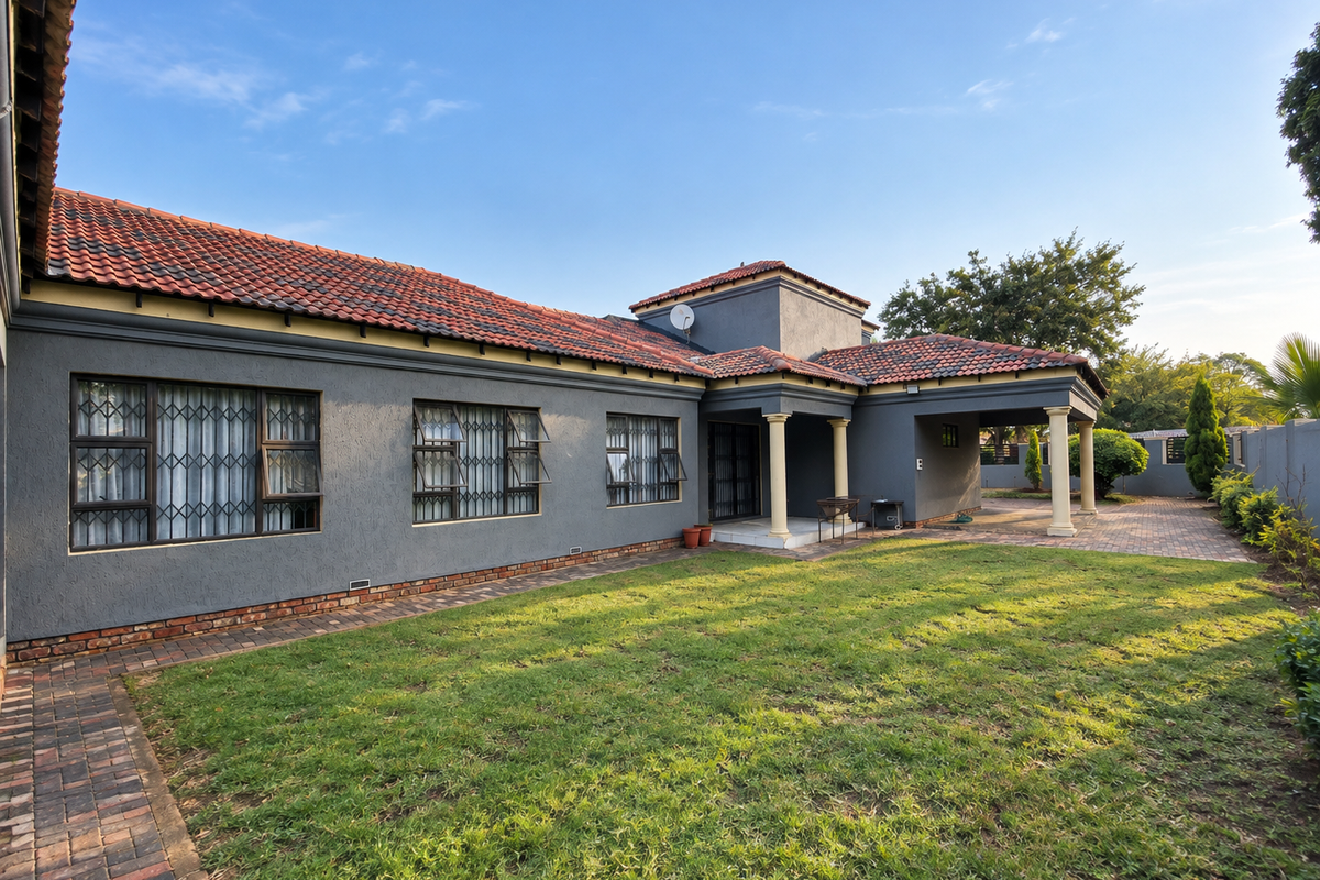 Rear view of a well-maintained house featuring a covered patio, terracotta tiled roof, and a spacious lawn with brick paved pathways.