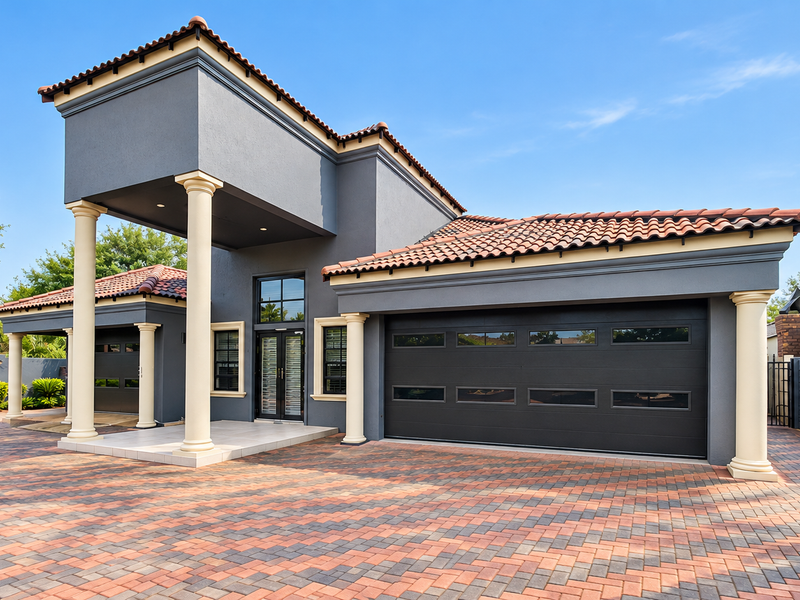 Modern front elevation featuring a paved driveway, double garage with glass panel doors, and distinctive architectural columns under a tiled roof.