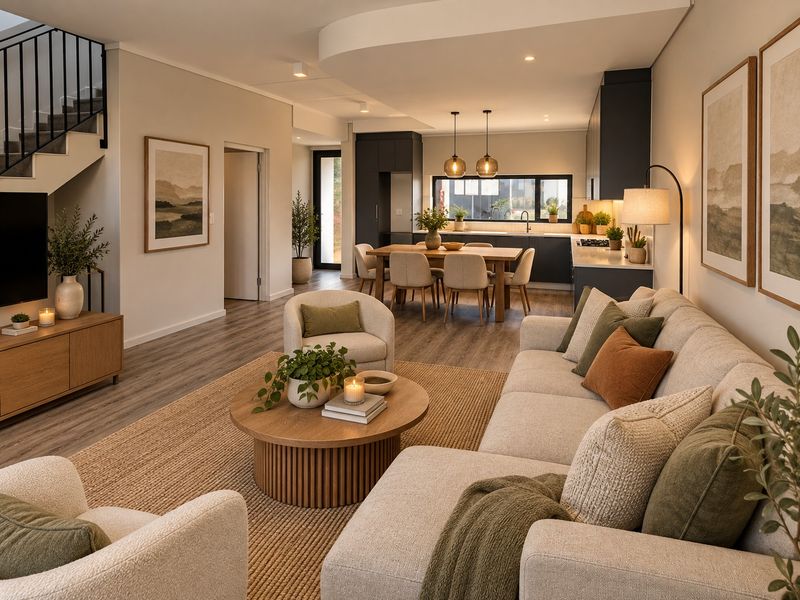 A modern open-plan living and dining area featuring a sleek kitchen, recessed ceiling lighting, and a staircase with a contemporary metal balustrade.