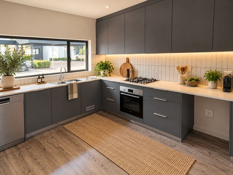 Modern kitchen featuring dark grey cabinetry, quartz countertops, integrated appliances, gas hob, and under-cabinet lighting with a view of the exterior.