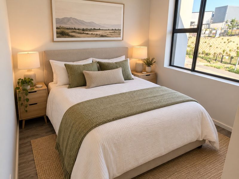 A well-lit, modern bedroom featuring neutral tones, laminate flooring, and a large window providing natural light and exterior views.