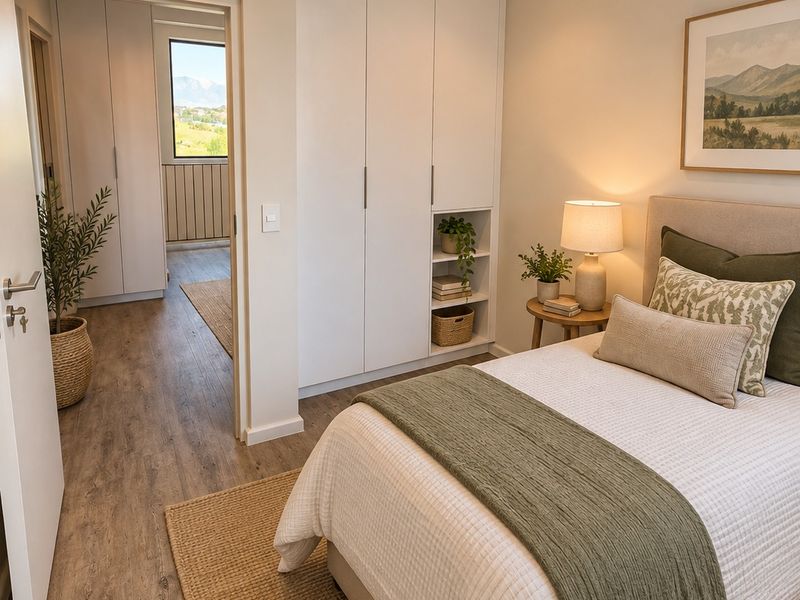 A well-maintained bedroom featuring built-in cupboards, recessed downlights, and laminate flooring, with an adjoining hallway visible.