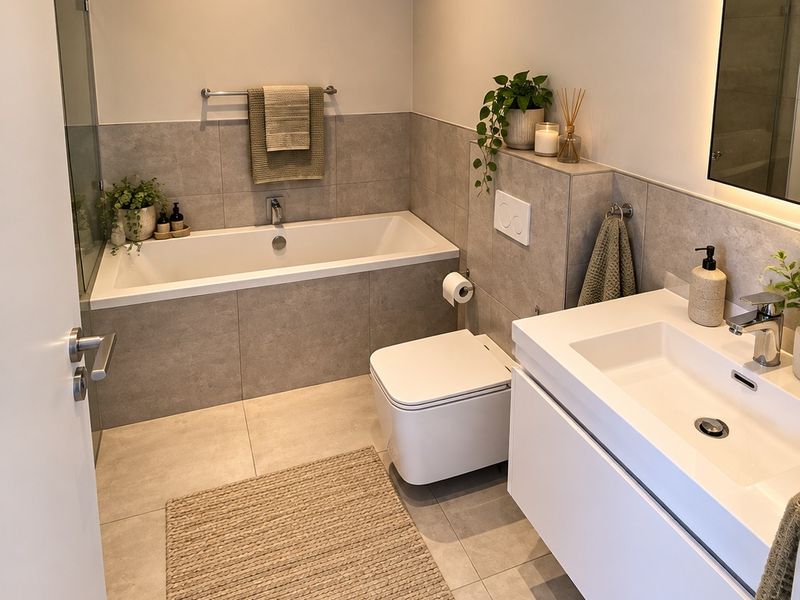 Modern bathroom featuring a built-in bathtub, wall-hung toilet, and a sleek vanity with an integrated basin and backlit mirror.