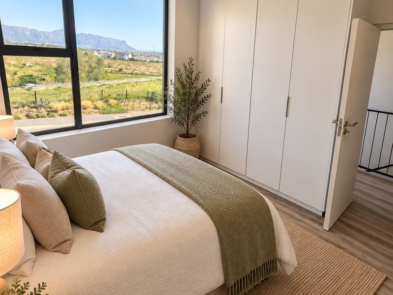 Modern bedroom featuring built-in cupboards, laminate flooring, and a large window offering scenic mountain and landscape views.