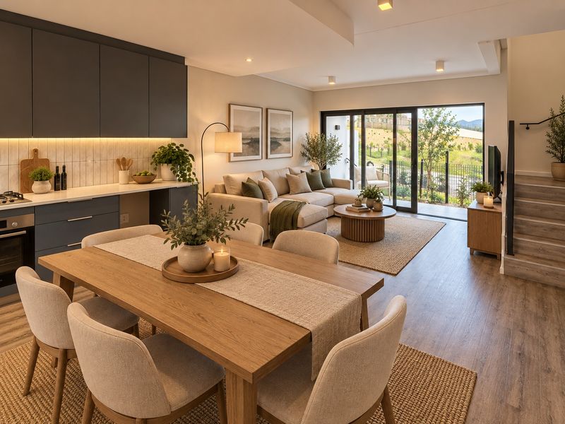 Modern open-plan living area featuring a sleek kitchen with built-in cabinetry, dining space, and seamless flow to an outdoor patio through sliding glass doors.