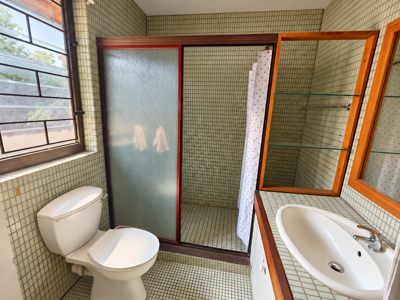 A dated bathroom featuring a shower enclosure, built-in vanity with basin, and tiled surfaces throughout, offering potential for a modern renovation.