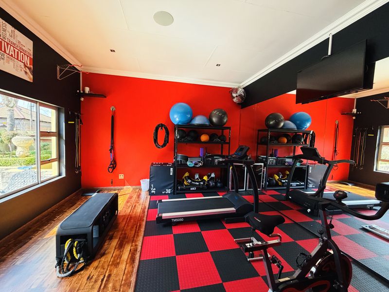A dedicated home gym featuring a combination of hardwood and rubber flooring, wall-mounted mirrors, and recessed lighting.