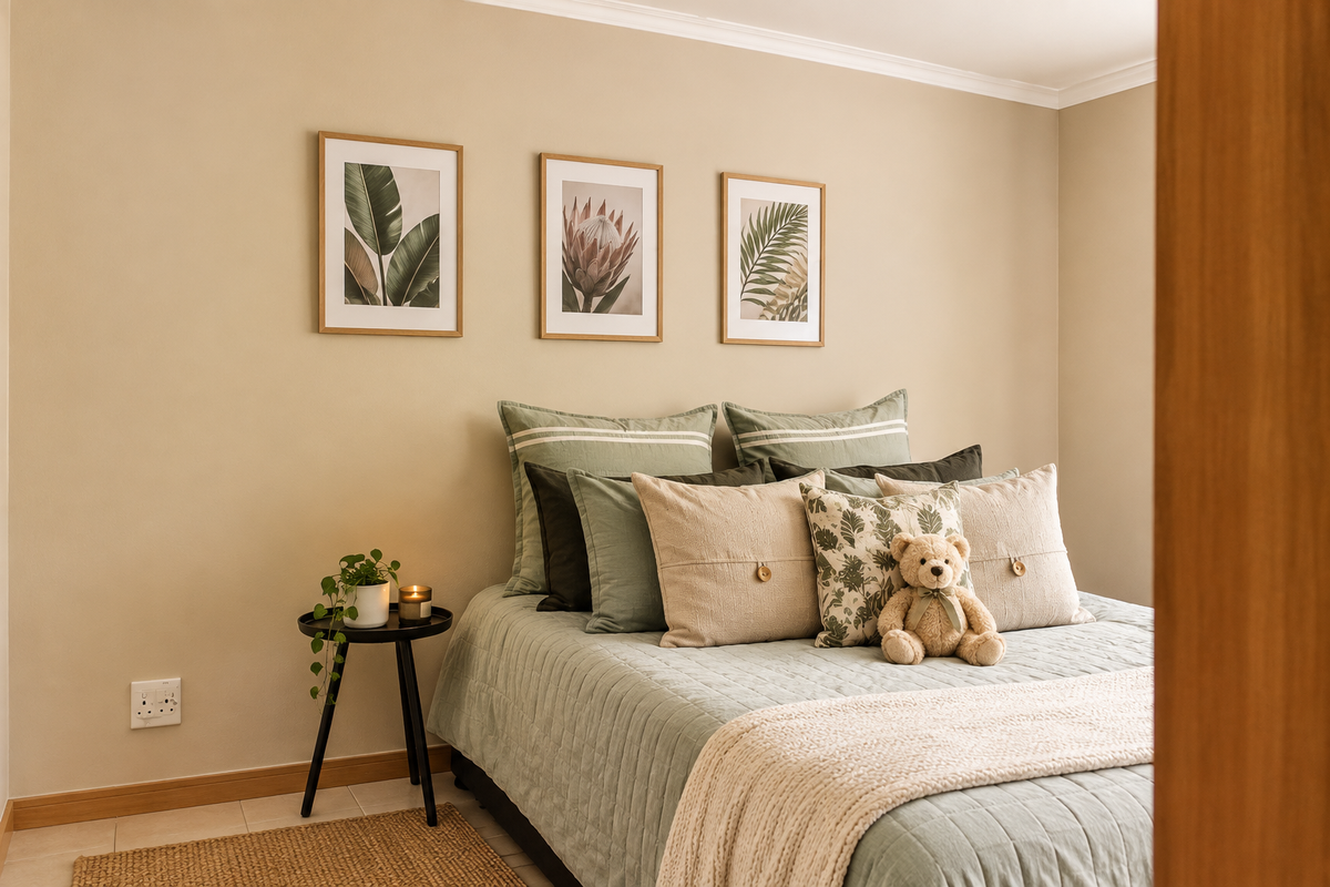 A well-maintained bedroom featuring neutral wall tones, coving, and tiled flooring, providing a comfortable and inviting living space.