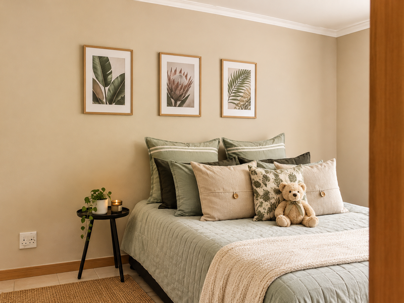 A well-maintained bedroom featuring neutral wall tones, coving, and tiled flooring, providing a comfortable and inviting living space.