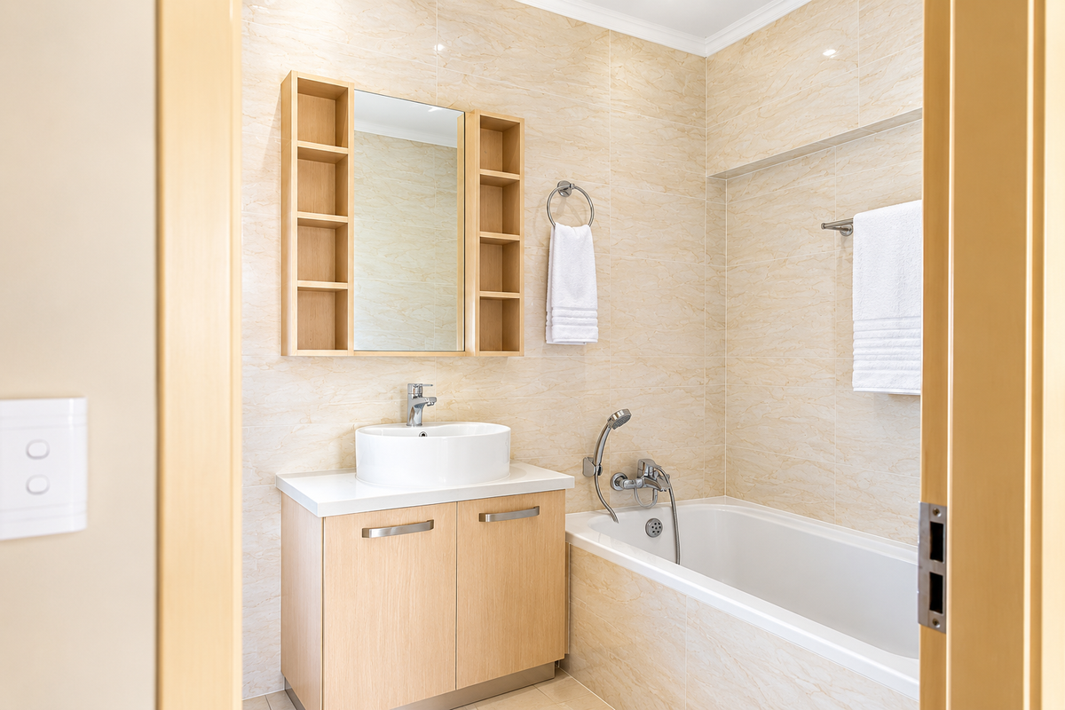 Modern bathroom featuring a light wood vanity with vessel sink, integrated shelving, and a bathtub with tiled wall finishes.