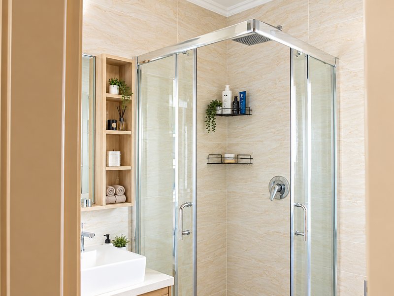 Modern bathroom featuring a glass-enclosed shower with a rain shower head, vanity basin, and integrated shelving with neutral marble-look wall tiles.
