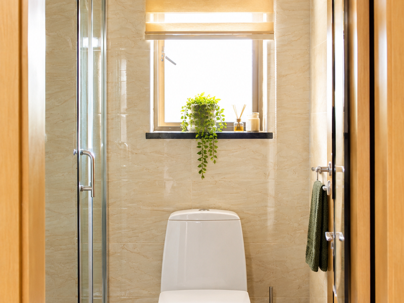 A well-maintained bathroom featuring a glass shower enclosure, modern toilet, and neutral marble-effect wall tiling with natural light from a window.