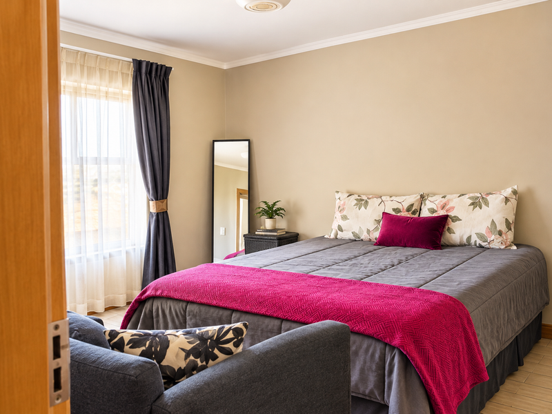 A well-lit bedroom featuring neutral wall tones, tiled flooring, and a window with layered curtains, offering a comfortable and functional living space.