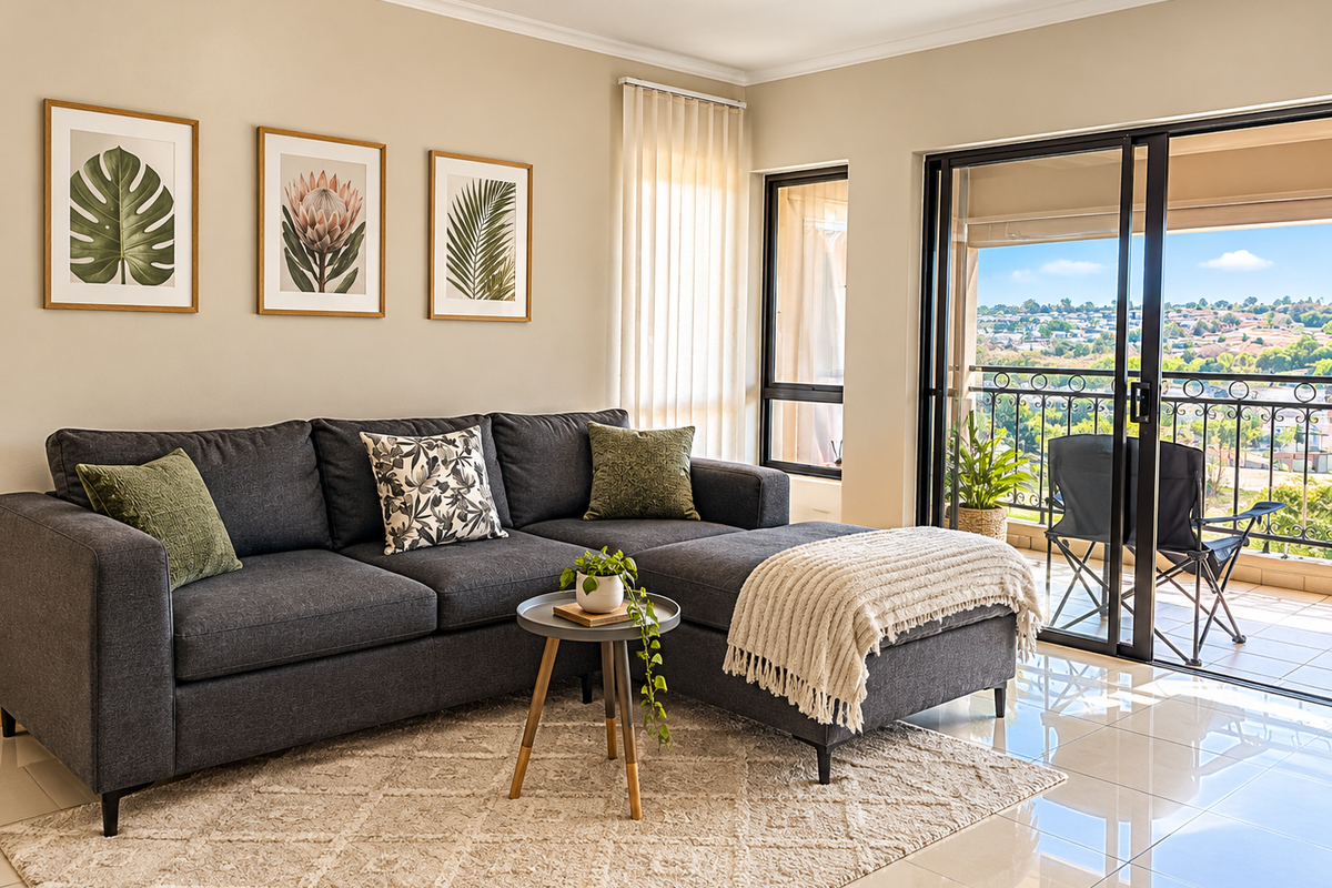 A bright and modern living room featuring large sliding glass doors that open onto a balcony with scenic views and polished tiled flooring.