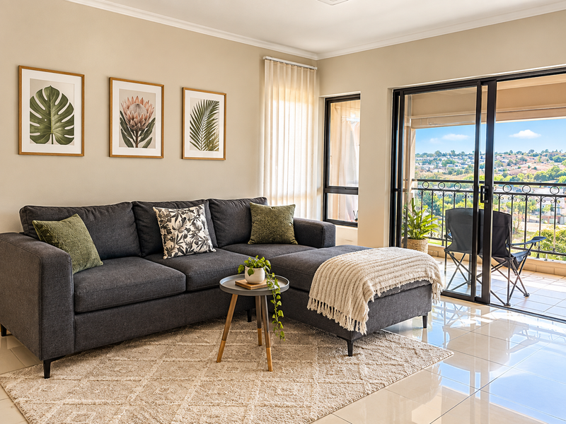 A bright and modern living room featuring large sliding glass doors that open onto a balcony with scenic views and polished tiled flooring.