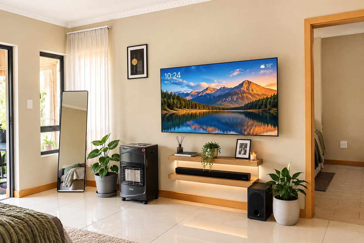 A well-maintained living room featuring polished tile floors, a modern floating timber shelf with integrated lighting, and access to an outdoor patio area.