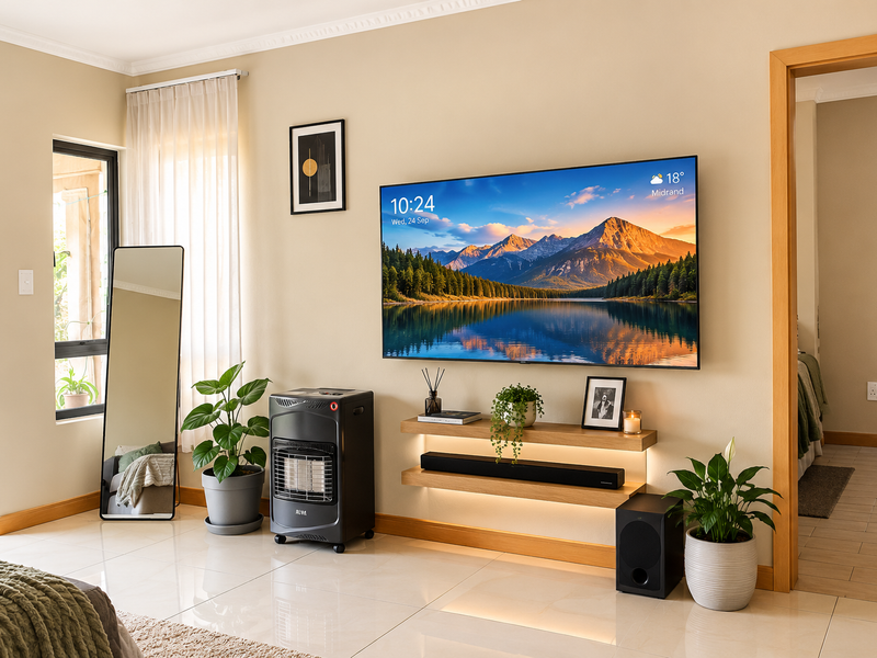 A well-maintained living room featuring polished tile floors, a modern floating timber shelf with integrated lighting, and access to an outdoor patio area.
