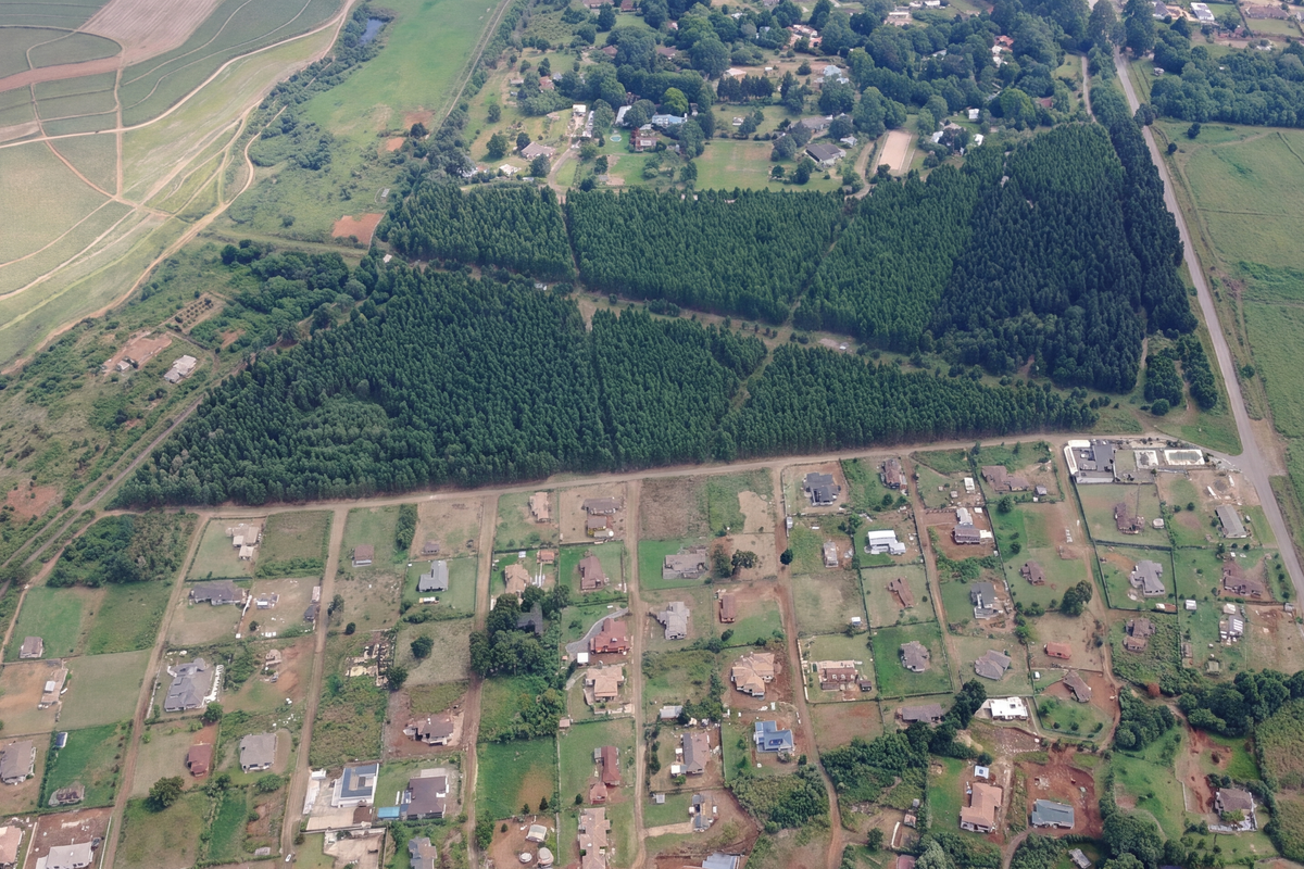 An aerial view of a residential area featuring multiple plots of land adjacent to a large forested area and surrounding agricultural fields.