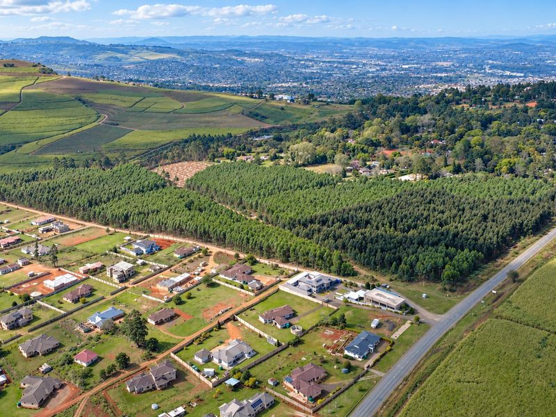 An aerial view of the residential area and surrounding landscape, showcasing the property's location, road access, and proximity to natural vegetation.