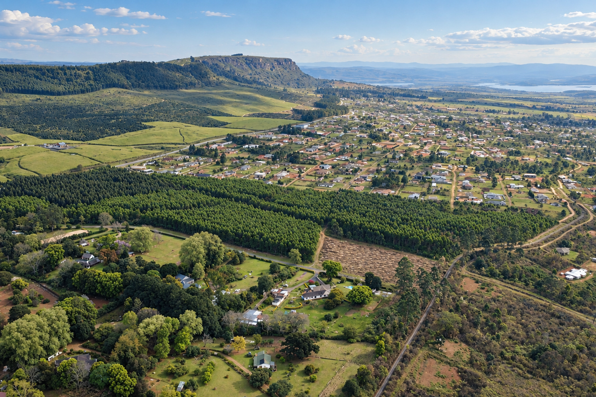 An expansive aerial view of a residential area surrounded by lush green landscapes, forests, and distant hills under a clear sky.