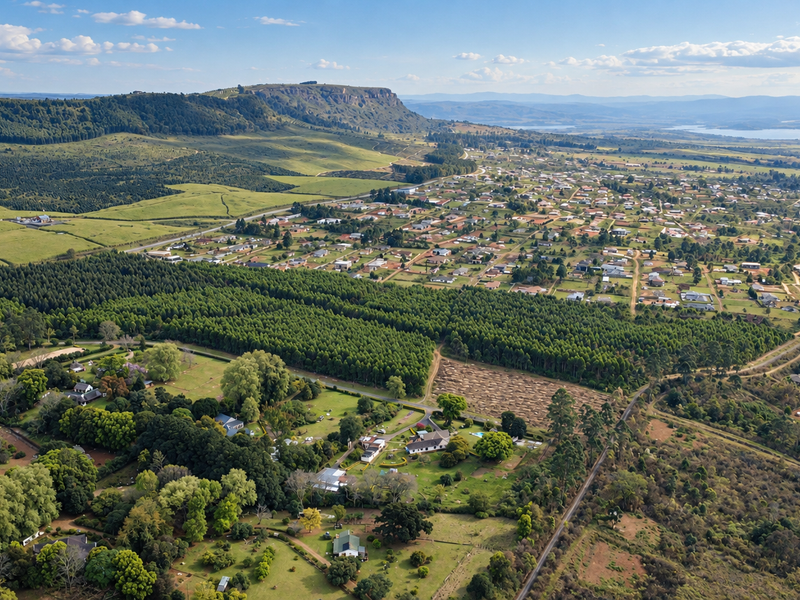 An expansive aerial view of a residential area surrounded by lush green landscapes, forests, and distant hills under a clear sky.