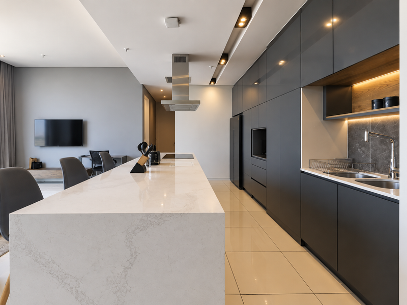 Modern open-plan kitchen featuring a large quartz island, sleek dark cabinetry, integrated appliances, and recessed lighting in a contemporary penthouse setting.
