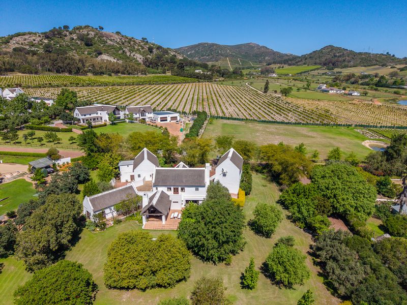 Aerial view of a large estate featuring multiple white buildings with thatched roofs, surrounded by expansive lawns, mature trees, and scenic vineyard landscapes.