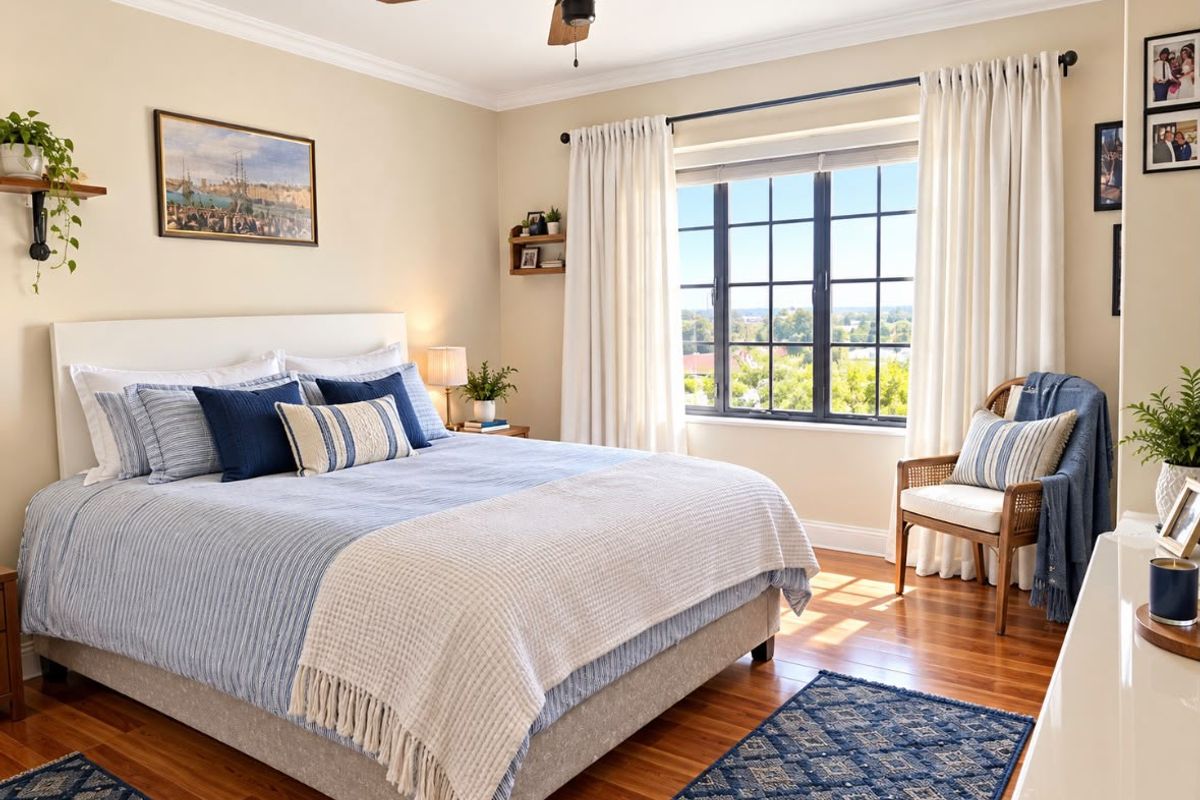 A bright and well-maintained bedroom featuring hardwood flooring, a ceiling fan, and a large multi-pane window with natural light.