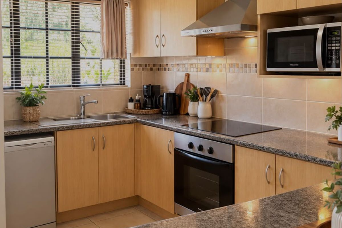 A well-maintained kitchen featuring granite countertops, light wood cabinetry, a built-in oven with electric hob, and a stainless steel extractor fan.