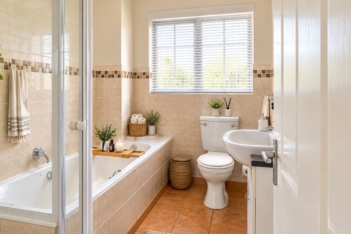 A well-maintained bathroom featuring a built-in bathtub with shower, pedestal washbasin, toilet, and neutral ceramic tiling throughout.