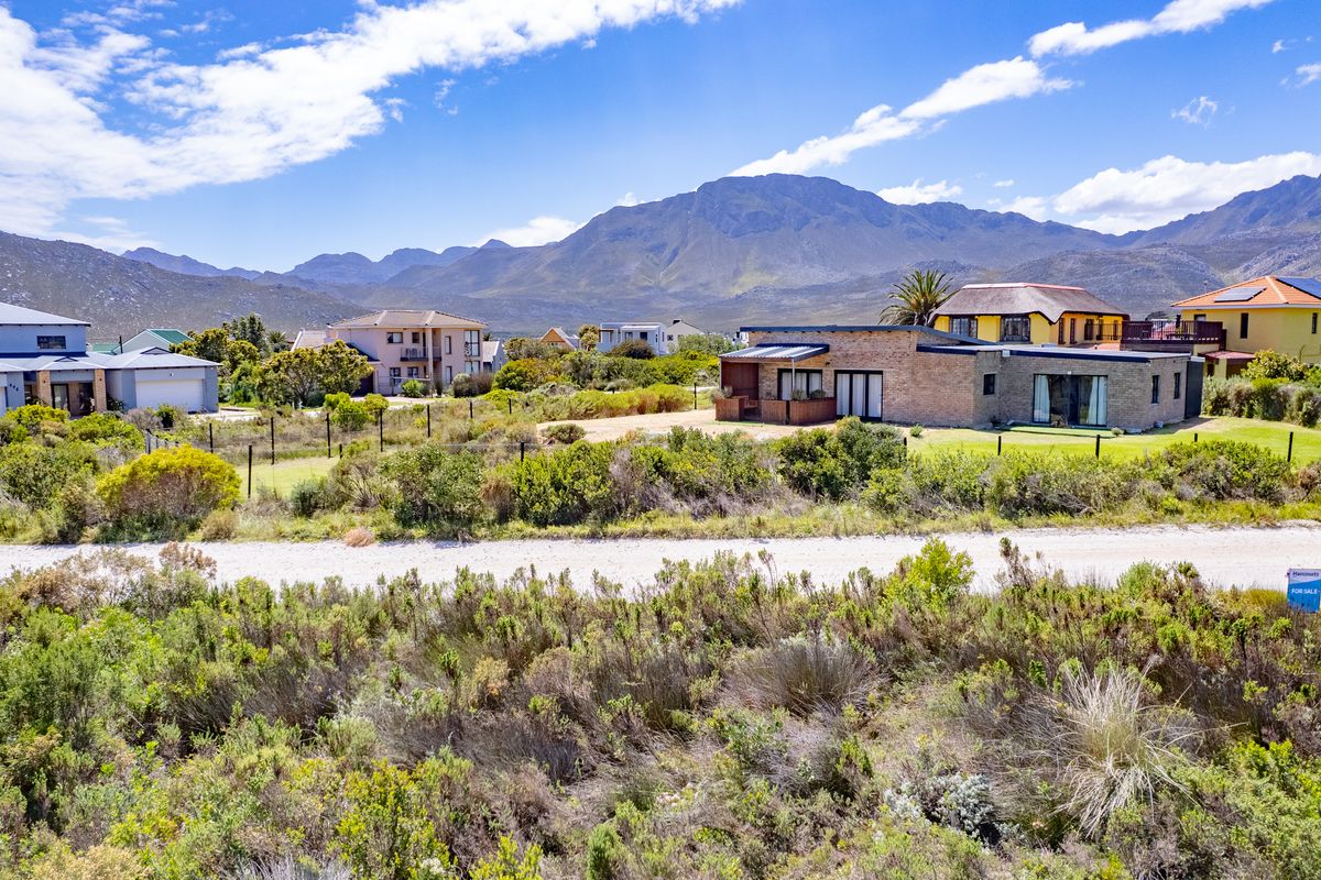 A scenic elevated view of the residential neighbourhood, featuring natural fynbos vegetation in the foreground and majestic mountain ranges in the background.