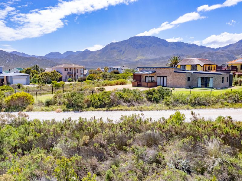 A scenic elevated view of the residential neighbourhood, featuring natural fynbos vegetation in the foreground and majestic mountain ranges in the background.
