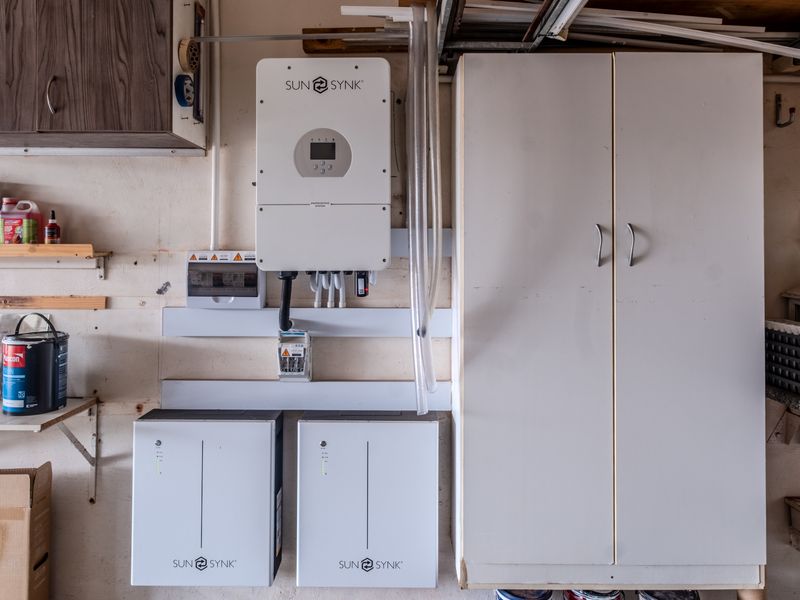 Garage space featuring a modern Sunsynk solar inverter and battery storage system, alongside built-in storage cabinetry.