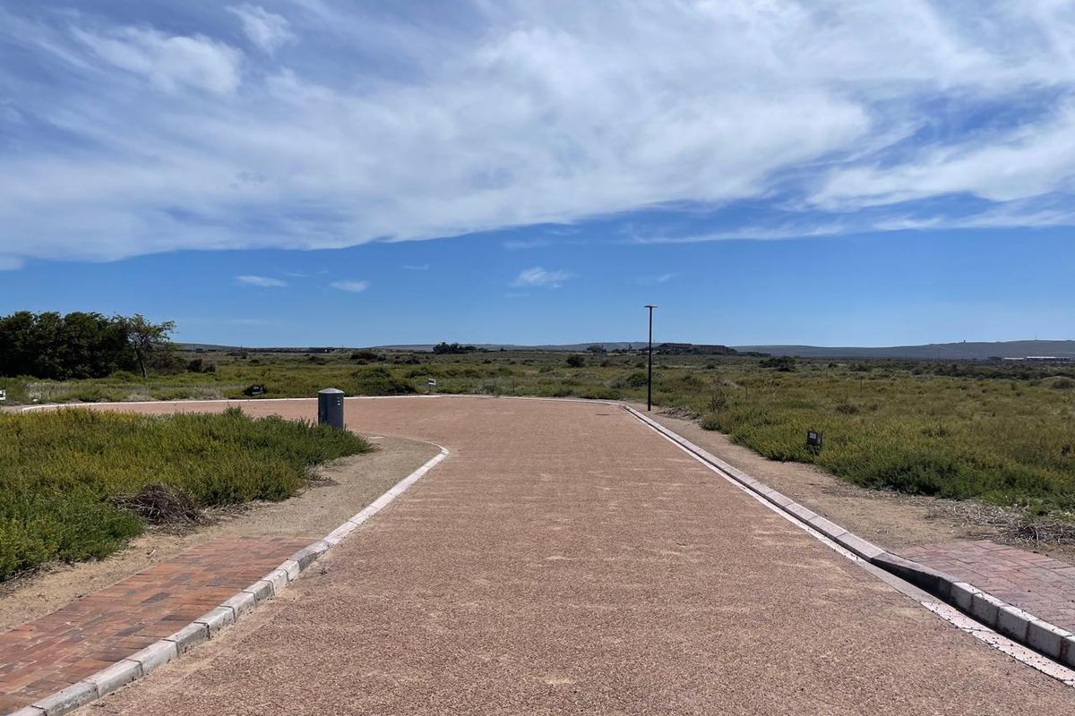 A clear view of a paved residential driveway and surrounding vacant land under a bright blue sky.