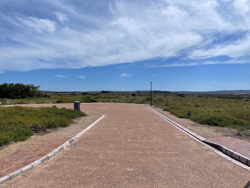 A clear view of a paved residential driveway and surrounding vacant land under a bright blue sky.