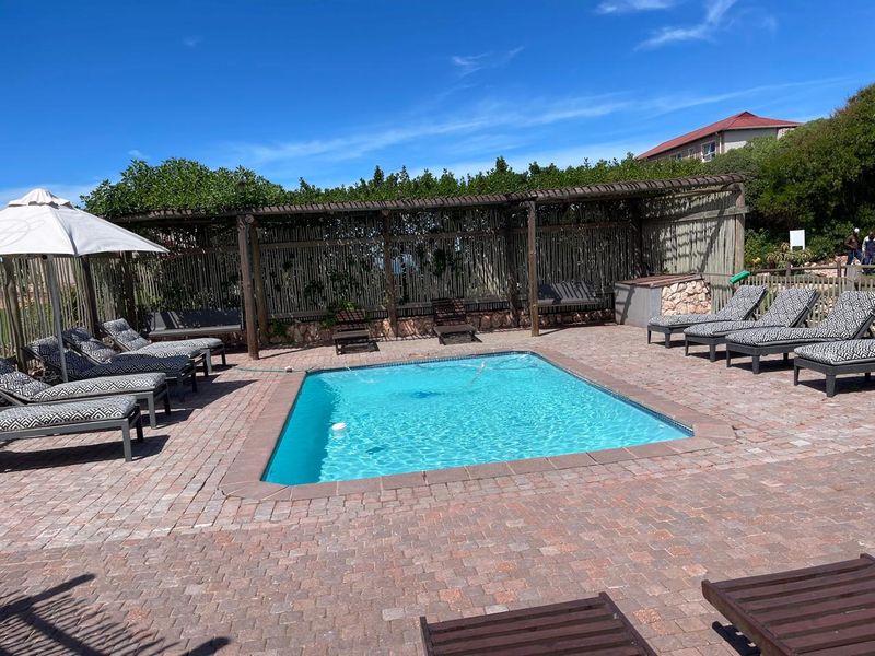 A well-maintained outdoor swimming pool area featuring brick paving, a timber pergola, and bamboo privacy screening.