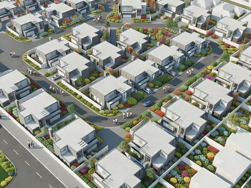An aerial view of a modern residential estate featuring uniform housing units, paved internal roads, and landscaped garden areas.