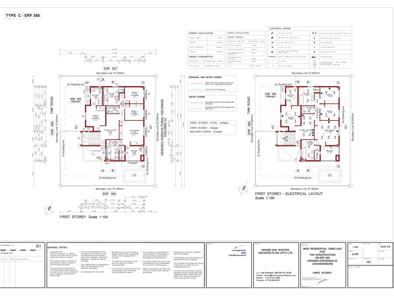 Architectural floor plan and electrical layout for a new residential dwelling on Erf 368, detailing room dimensions and electrical specifications.