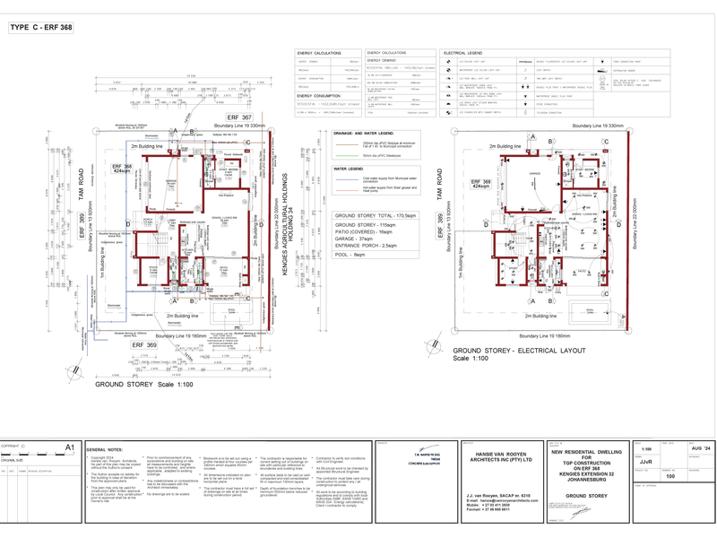 Architectural floor plan and electrical layout for a new residential dwelling, detailing room dimensions, site boundaries, and utility placements.