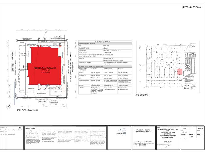 Architectural site plan for a residential dwelling on Erf 368, detailing building footprint, site coverage, and property boundaries.