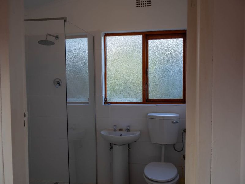 A functional bathroom featuring a pedestal basin, toilet, and a glass-enclosed shower with tiled walls and a frosted window for privacy.