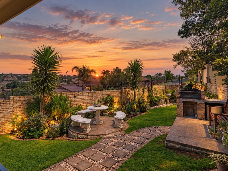 A beautifully landscaped garden featuring a built-in brick braai, stone paved pathways, and a brick boundary wall, set against a stunning sunset backdrop.