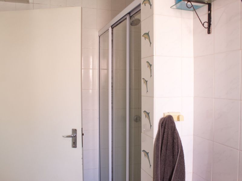 A functional bathroom featuring a shower enclosure with tiled walls and decorative dolphin accents.