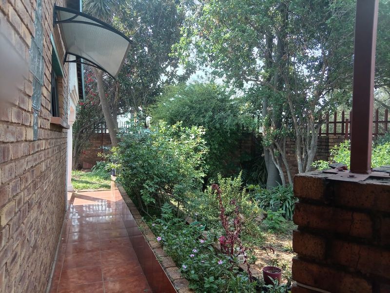 A private rear garden area featuring a tiled patio, brick boundary walls, and established trees and shrubs.