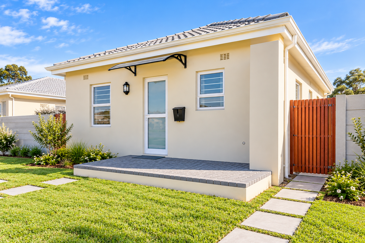 A well-maintained rear exterior view featuring a paved patio, neat lawn, timber side gate, and modern roof tiles.