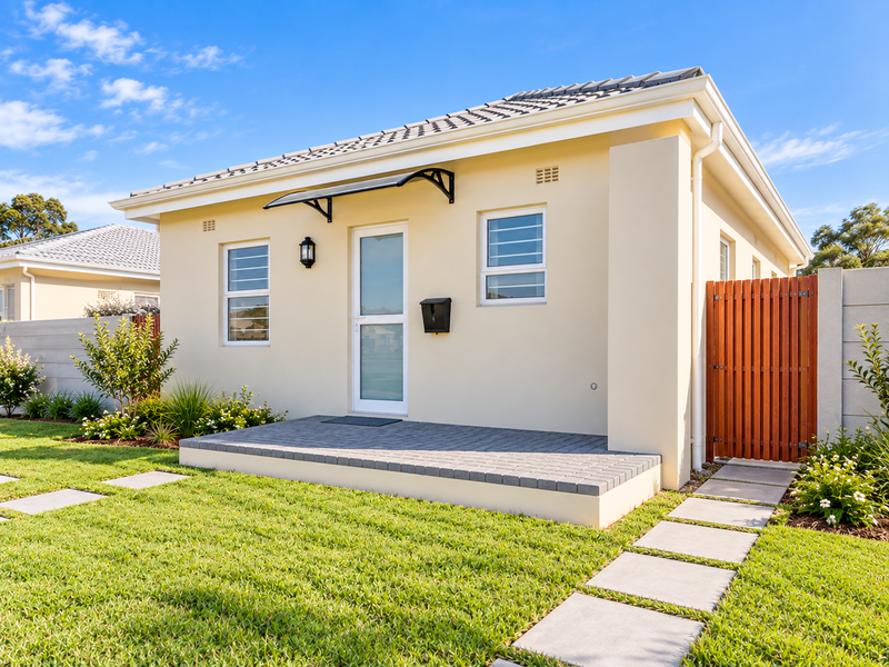 A well-maintained rear exterior view featuring a paved patio, neat lawn, timber side gate, and modern roof tiles.